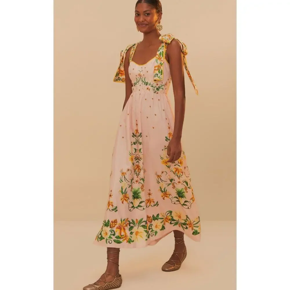 NWT Farm Rio Pink Botanical Beauty Shoulder Bow midi dress - Picture 2 of 7